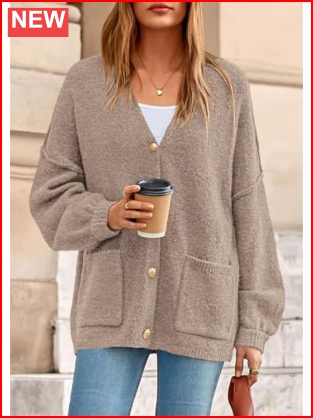 Oversized Chunky Cardigan Sweater Button Down V Neck Lantern Sleeve - Picture 2 of 6